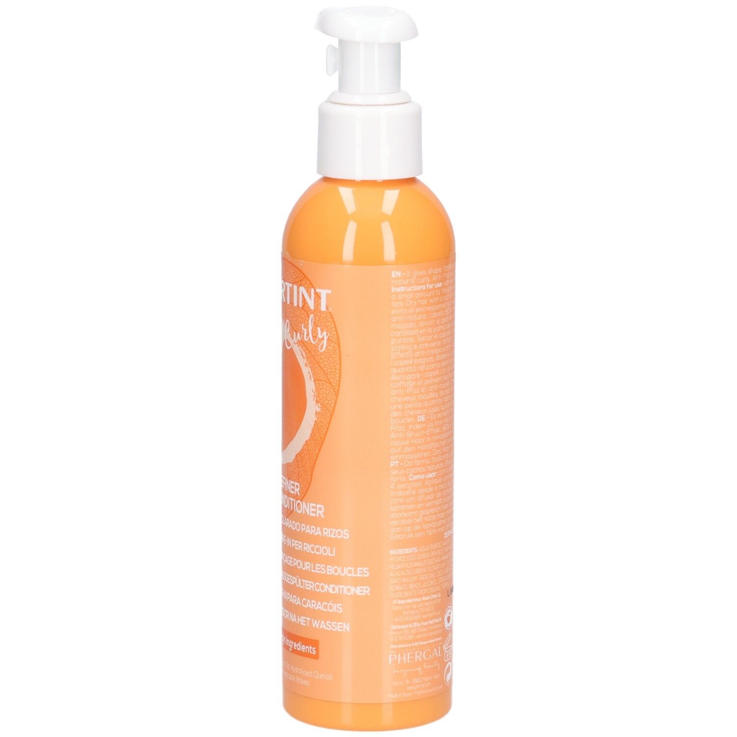 Achterkant van een oranje fles met pompdosering, Naturtint Curl Definer.