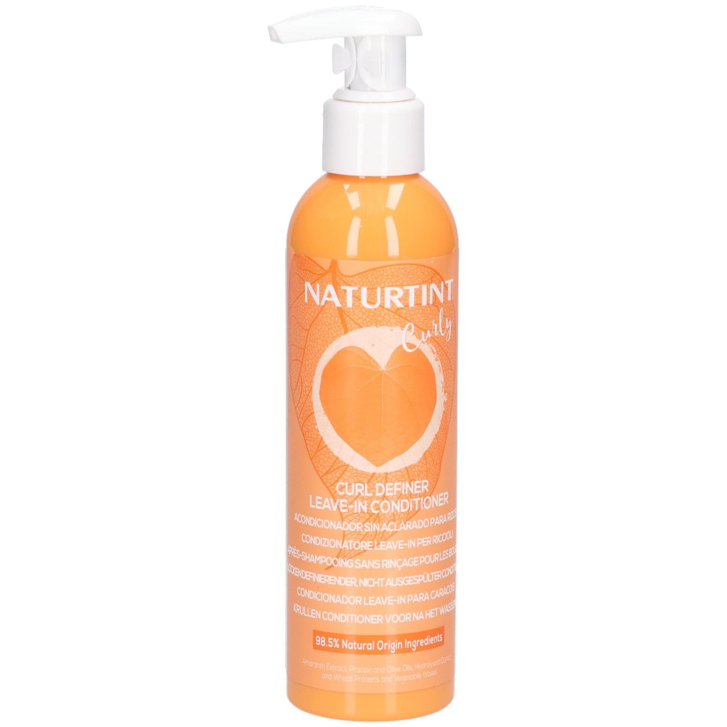 Oranje fles met pompdosering, Naturtint Curl Definer Leave-In Conditioner.