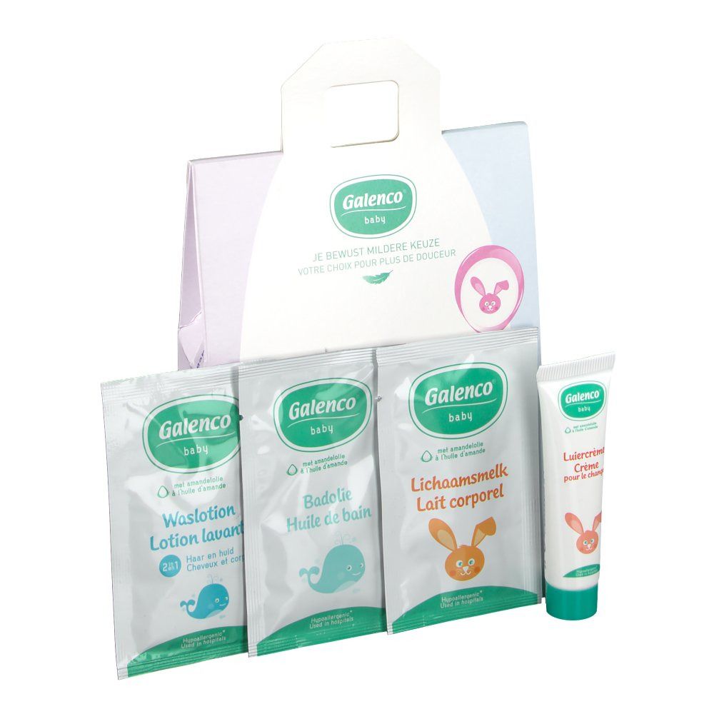Coffret cadeau Galenco Baby. Contient lotion lavante, huile de bain, lait corporel et crème. Emballage avec poignée.