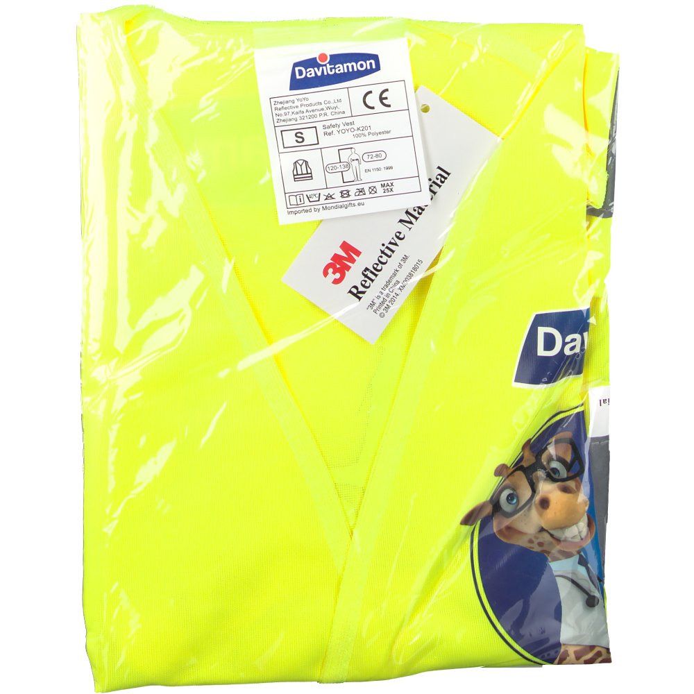Gilet jaune fluorescent emballé. Étiquette avec informations produit, logo Davitamon et marquage CE. Taille S.