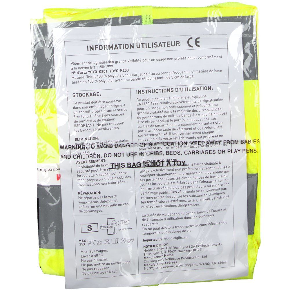 Dos du gilet jaune fluorescent emballé. Étiquette avec informations produit, marquage CE et taille S.