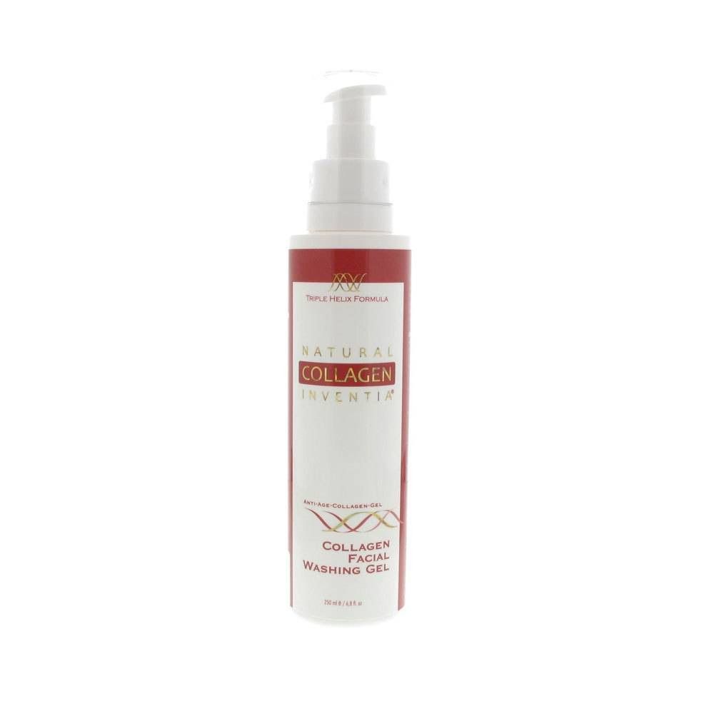 Wit en rode fles met pomp. Opschrift: Natural Collagen Inventia, Collagen Facial Washing Gel.