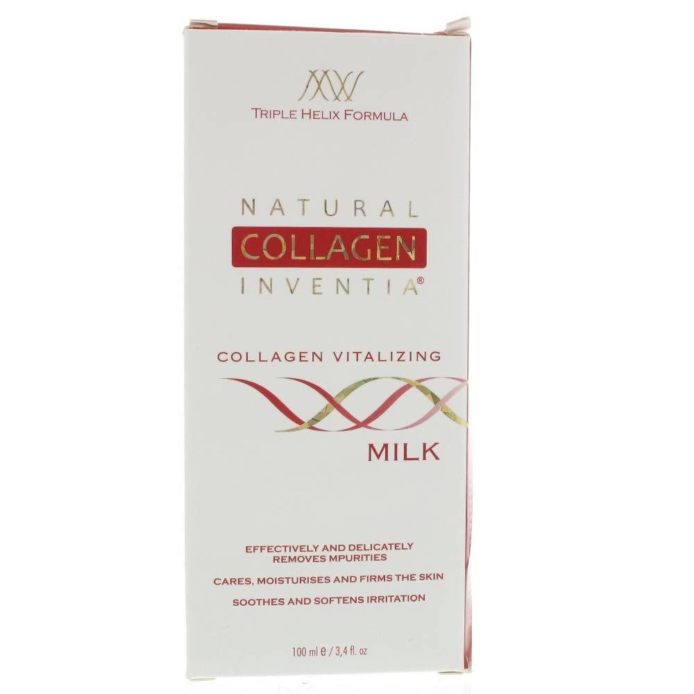 Witte doos met productinformatie. Opschrift: Natural Collagen Inventia, Collagen Vitalizing Milk. Bevat tekst over de werking.