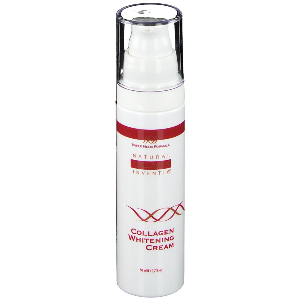 Witte crème fles met rode band. Opschrift: Natural Collagen Whitening Cream. Transparante dop. 50 ml/1.7 fl oz.