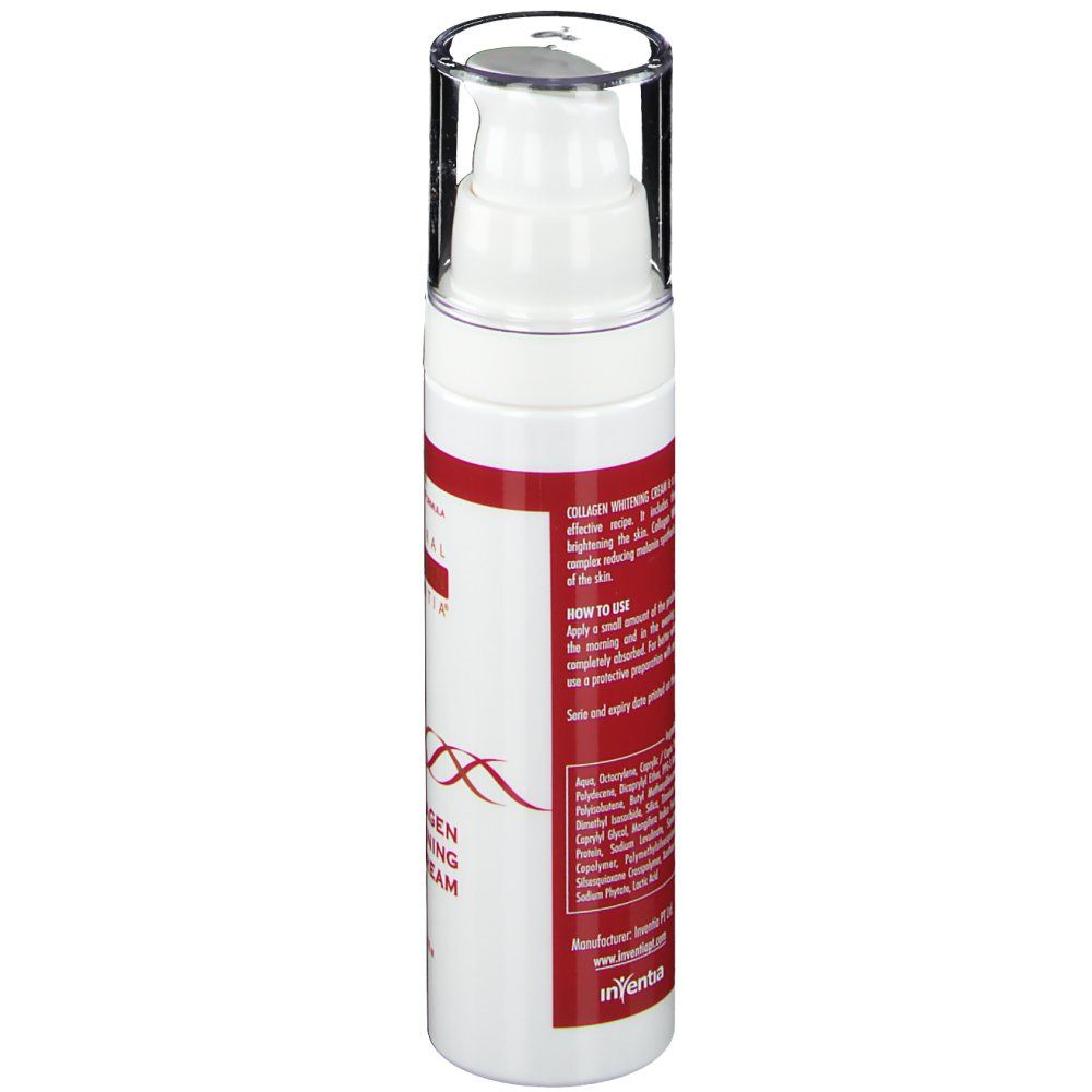 Achterkant van de witte crème fles. Rode streep met tekst. Transparante dop. Tekst: Collagen Whitening Cream. Gebruiksaanwijzing.