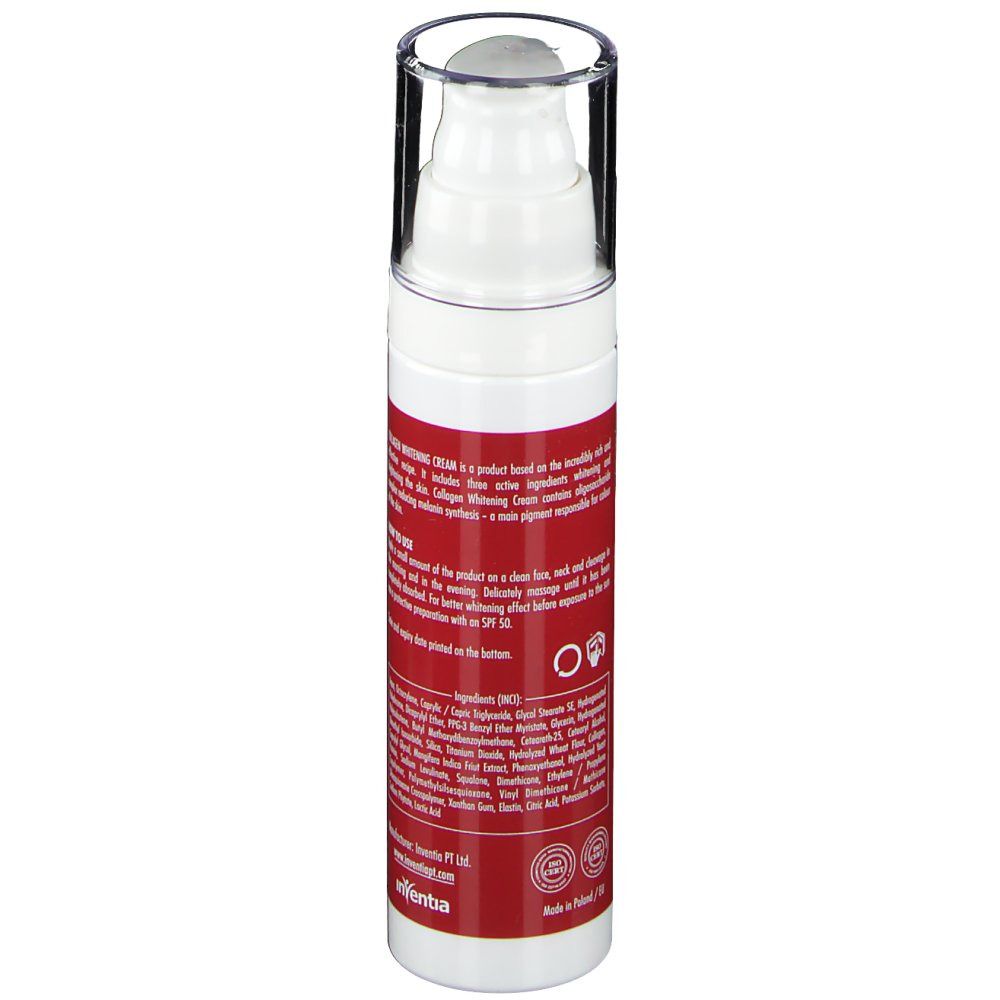 Achterkant van de crème fles. Rode streep met tekst. Transparante dop. Tekst: Collagen Whitening Cream. Ingrediënten (INCI).