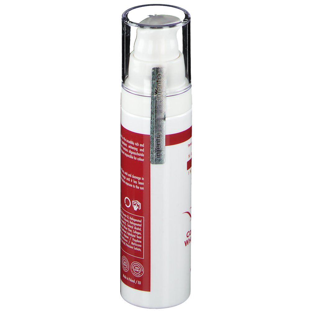 Crème fles met rode streep. Transparante dop. Tekst: Collagen Whitening Cream. Zegel op de zijkant. Certificeringen.