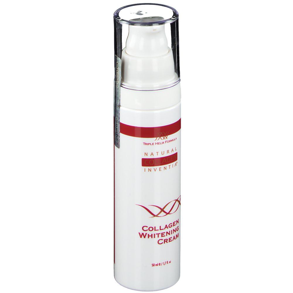 Witte crème fles met rode band. Opschrift: Natural Collagen Whitening Cream. Transparante dop. 50 ml/1.7 fl oz.