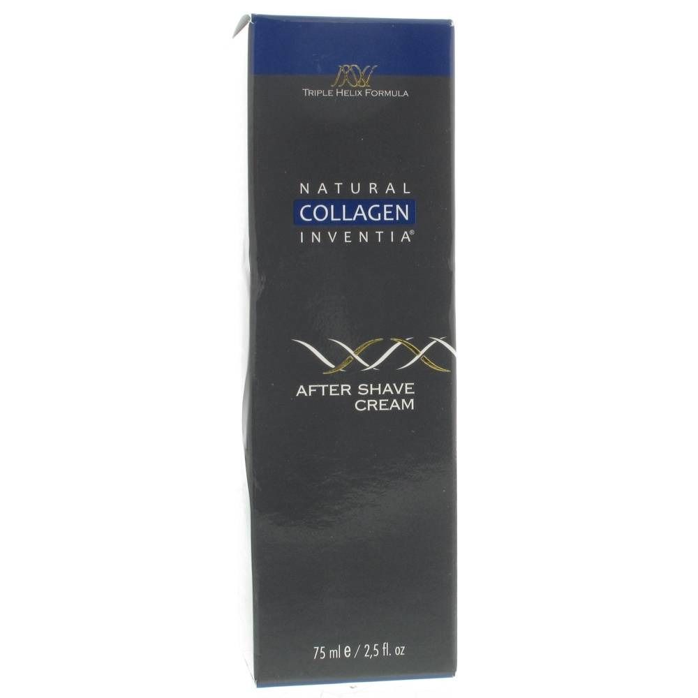 Boîte noire avec texte "Natural Collagen After Shave Cream". Accents bleus et argentés. Contenance 75 ml.