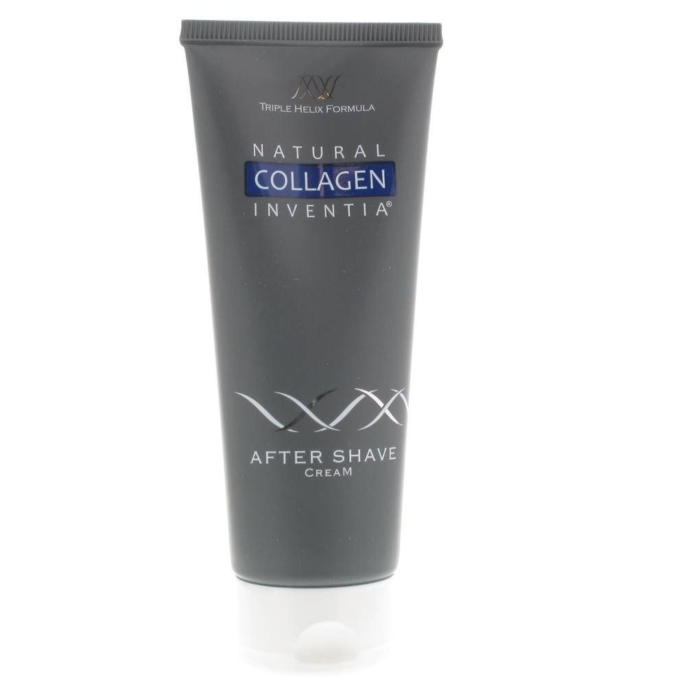 Tube gris avec texte "Natural Collagen After Shave Cream". Accents argentés et bleus. Bouchon blanc.