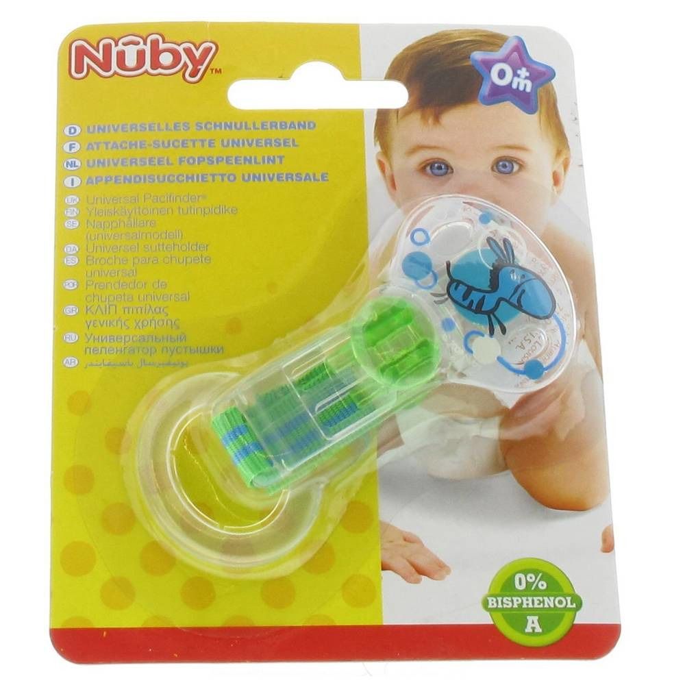 Attache-sucette Nuby vert avec anneau en silicone. Emballage avec bébé. 0% Bisphénol A.