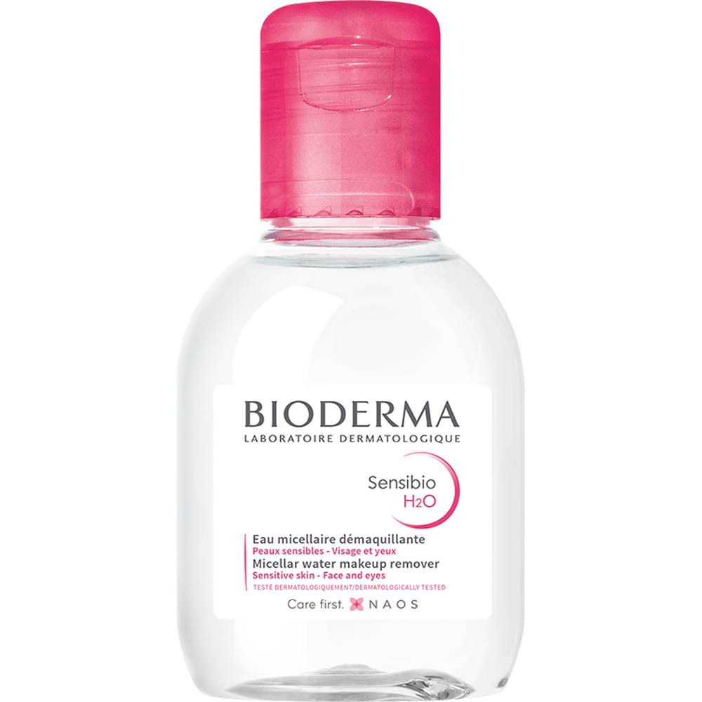 BIODERMA Sensibio H2O fles met roze dop. Opschrift: Eau micellaire démaquillante, Micellar water makeup remover. Voor gevoelige huid.