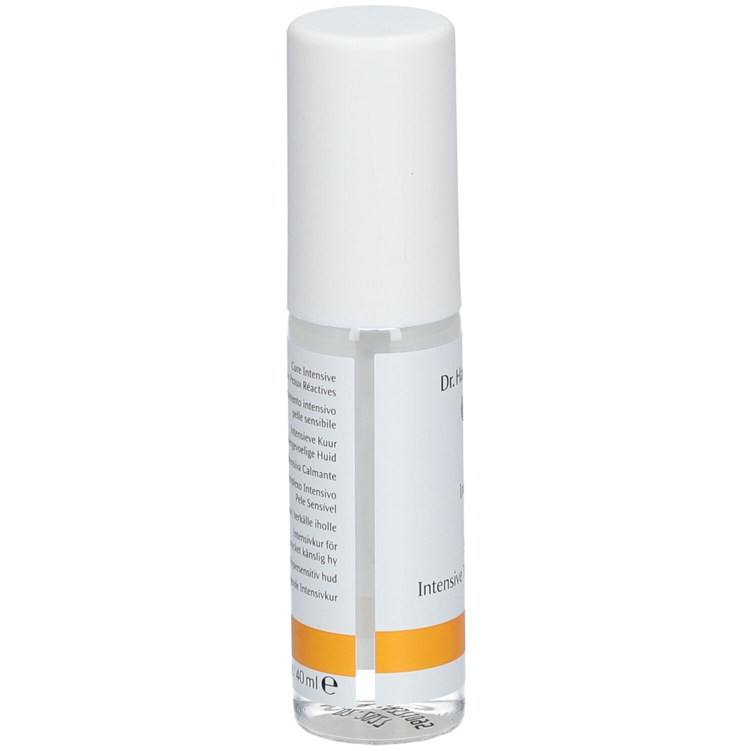 Flacon transparent avec bouchon blanc. Étiquette avec texte et bande orange. Nom du produit non visible.