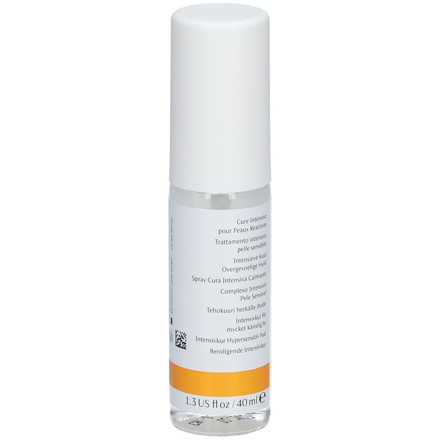Flacon transparent avec bouchon blanc. Étiquette avec texte et bande orange. 1.3 US fl oz / 40 ml.