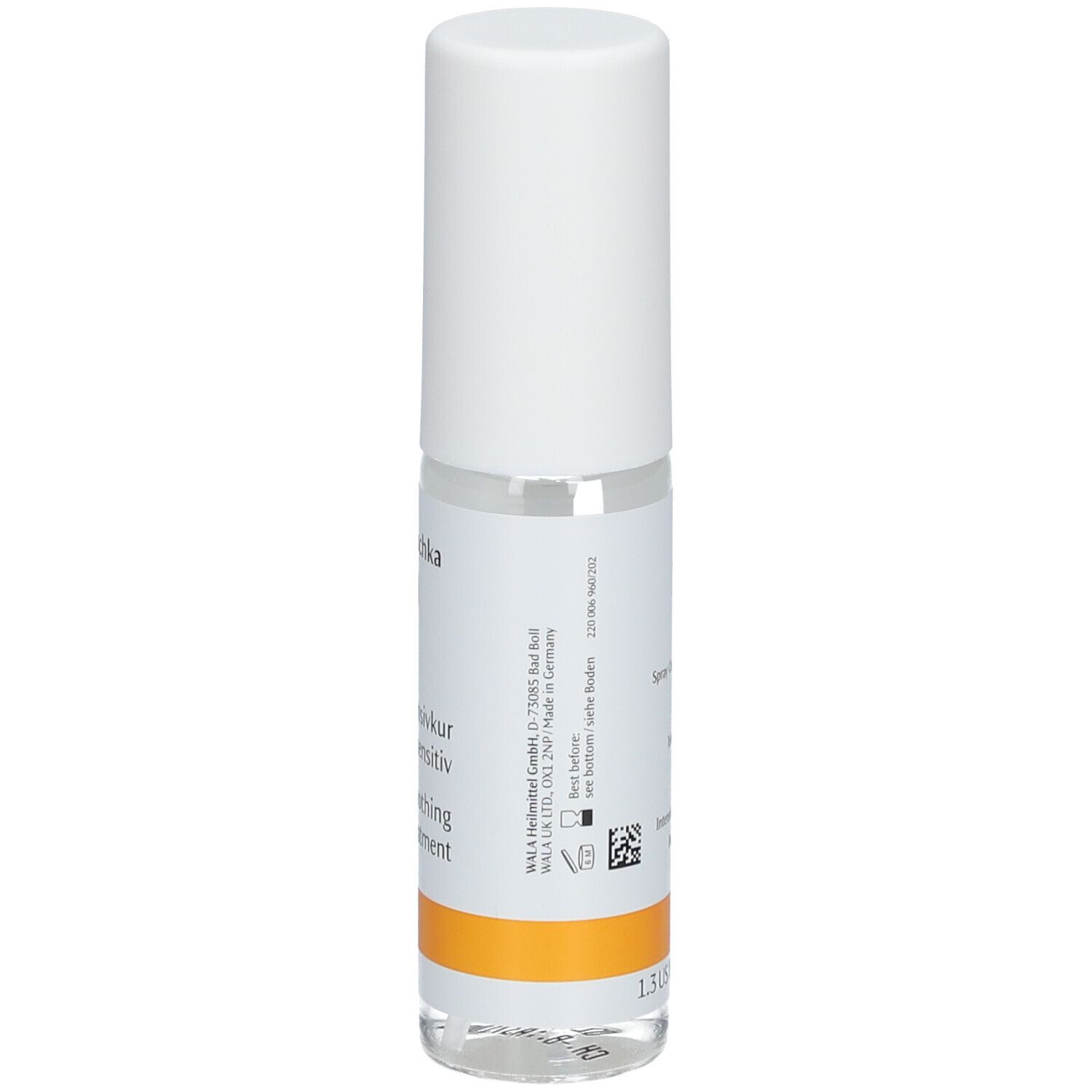 Flacon transparent avec bouchon blanc. Étiquette avec texte et bande orange. Informations fabricant.