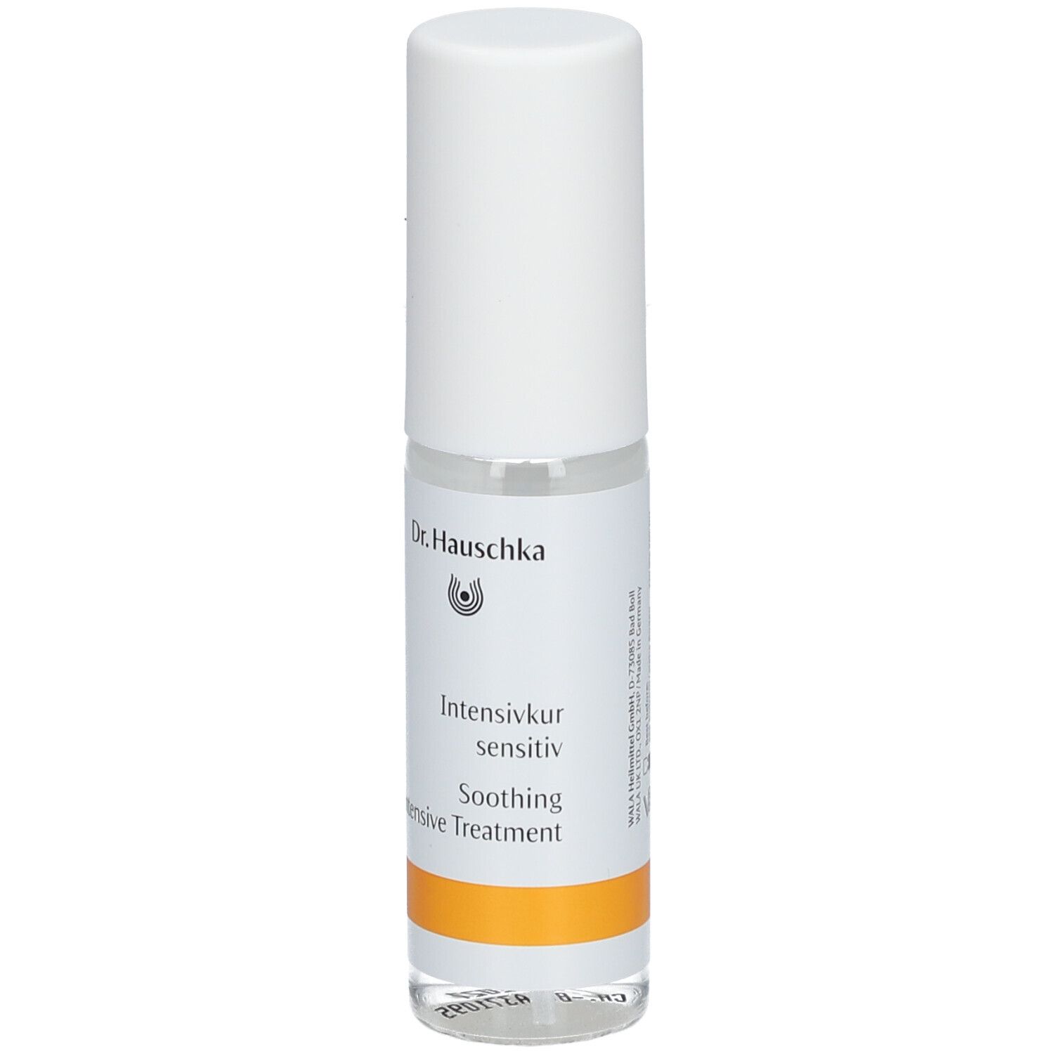 Flacon transparent avec bouchon blanc. Étiquette avec nom du produit et logo. Bande orange.