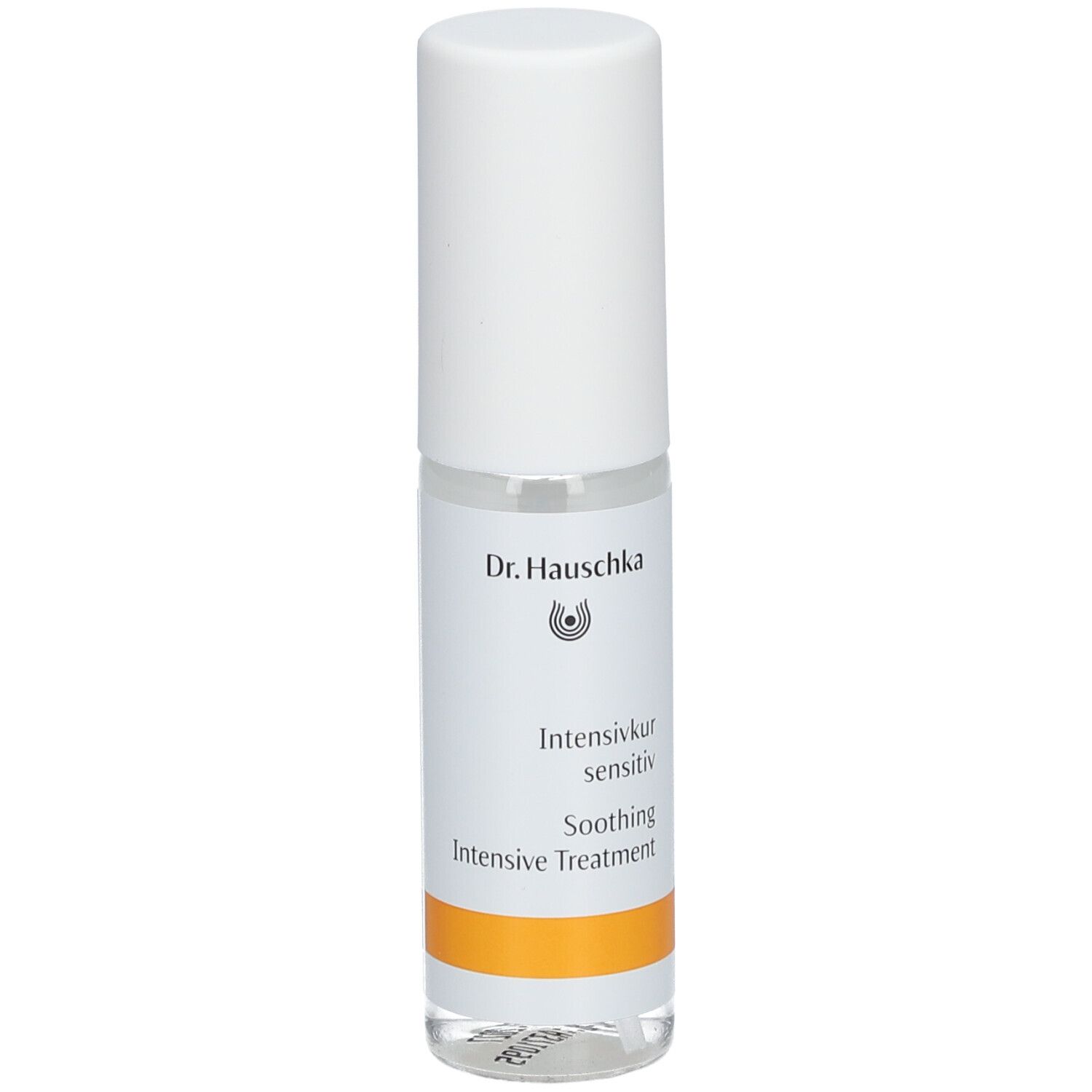 Flacon transparent avec bouchon blanc. Étiquette avec nom du produit et logo. Bande orange.