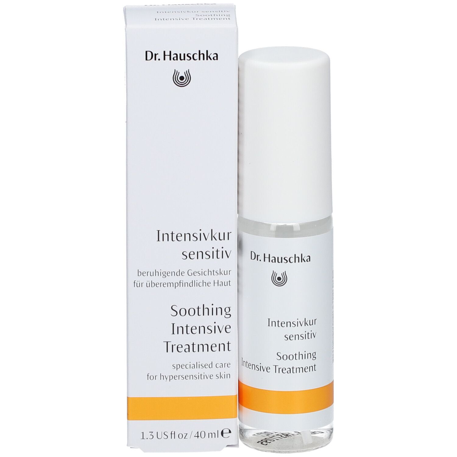 Flacon et emballage du produit. Flacon avec bouchon blanc et étiquette. Emballage avec texte et logo.