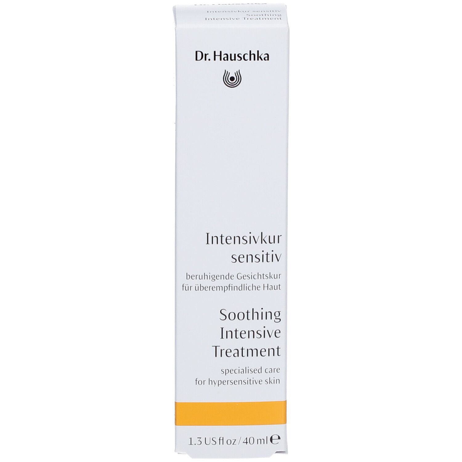 Emballage blanc avec nom du produit et logo. Bande orange en bas. Texte.