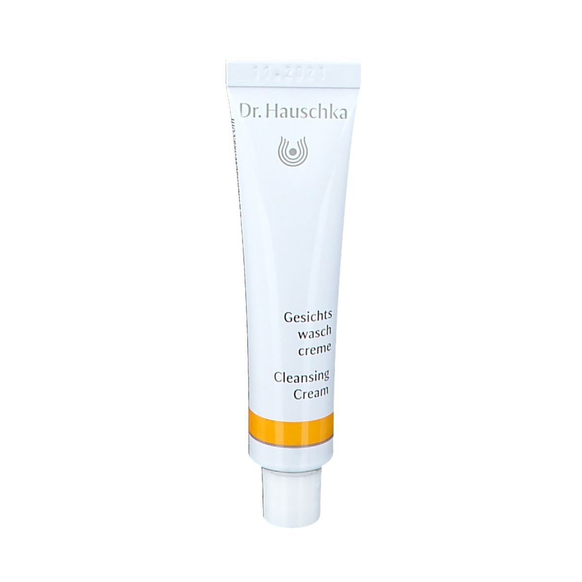 Witte tube met gele streep. Opschrift: Dr. Hauschka, Gesichts Waschcreme, Cleansing Cream.