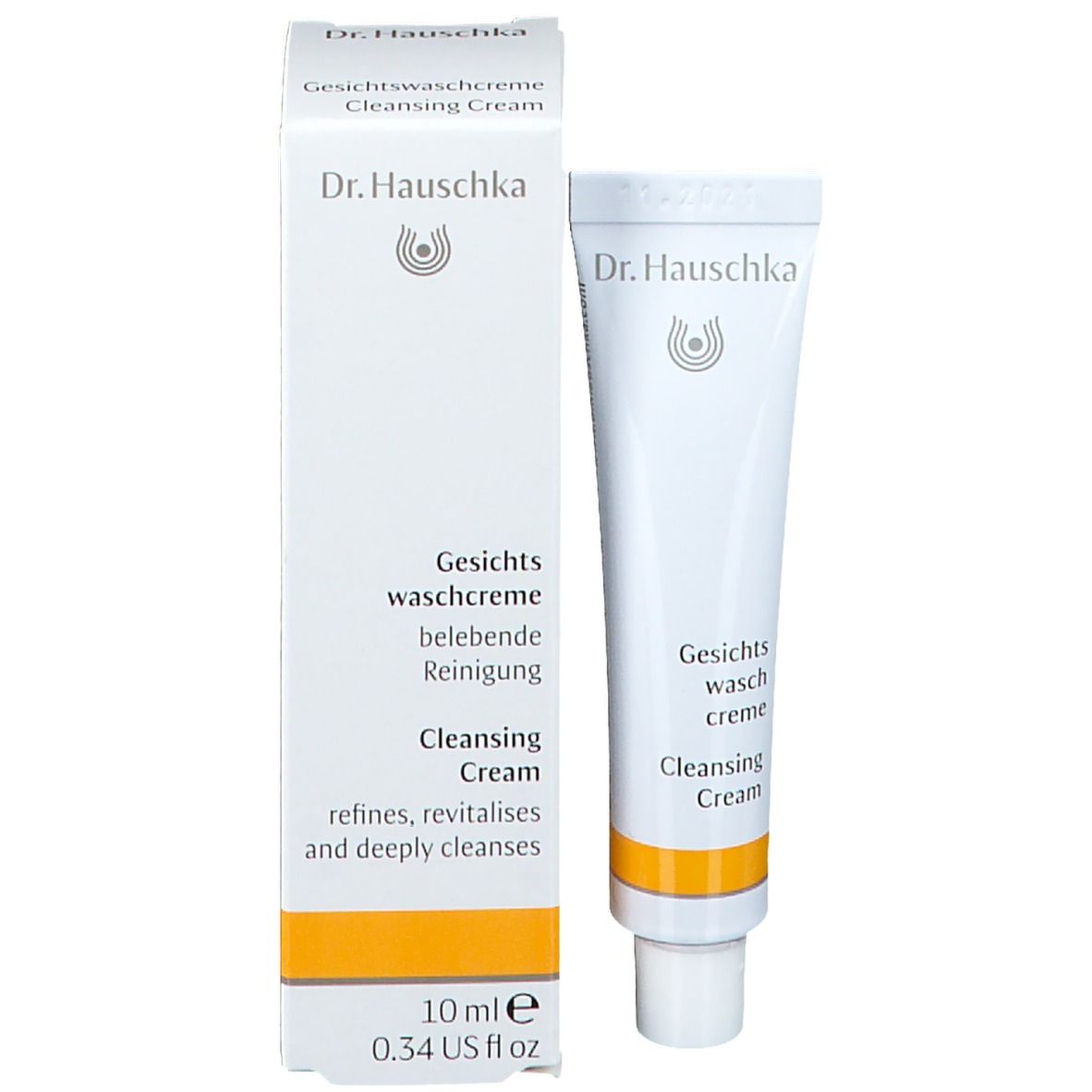 Verpakking en tube. Verpakking: wit, gele streep, opschrift: Dr. Hauschka, Gesichts Waschcreme, Cleansing Cream.