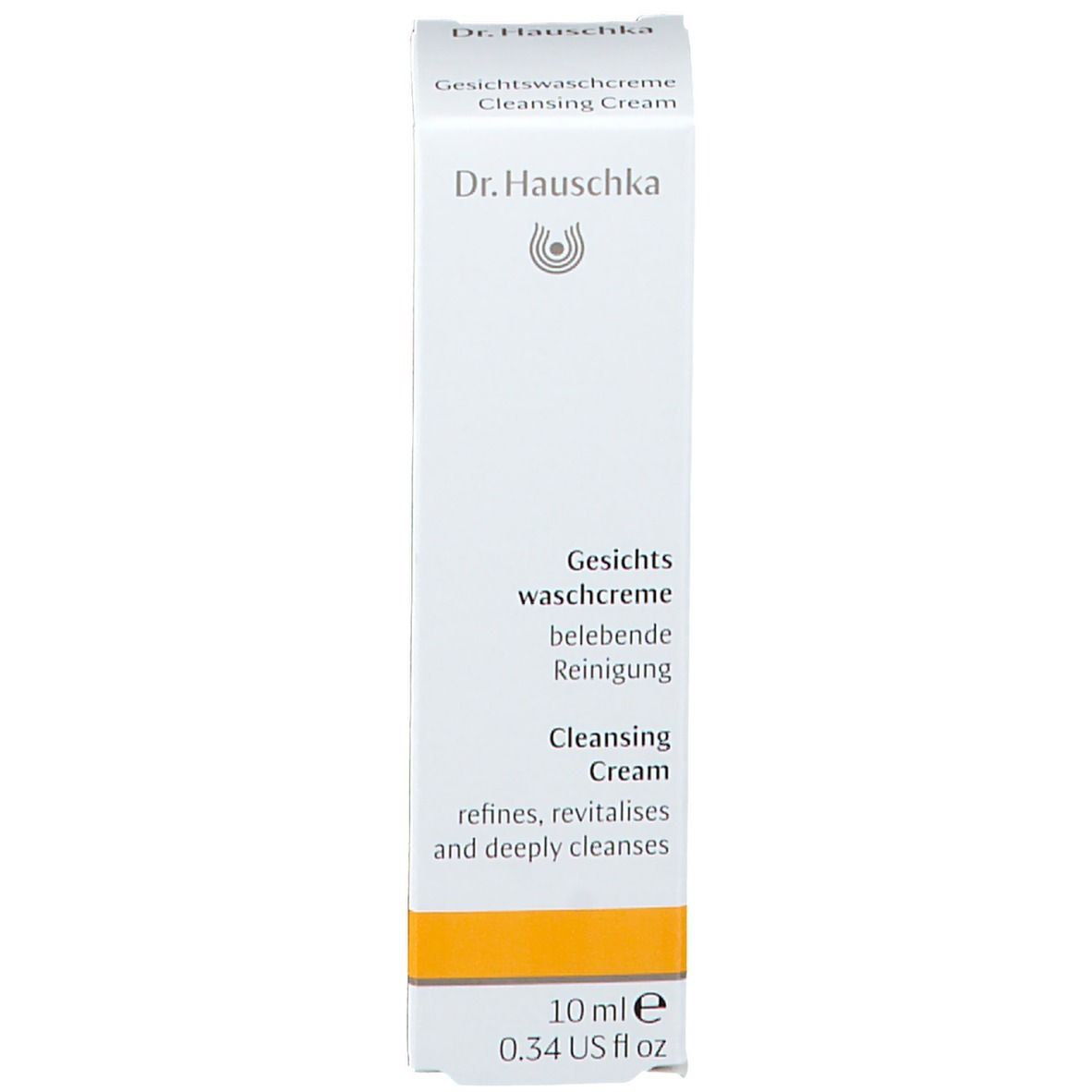 Productverpakking. Wit met gele streep. Opschrift: Dr. Hauschka, Gesichts Waschcreme, Cleansing Cream. 10 ml.