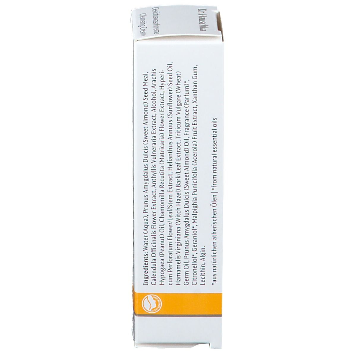 Productverpakking, achterkant. Ingrediëntenlijst, logo, gele streep.