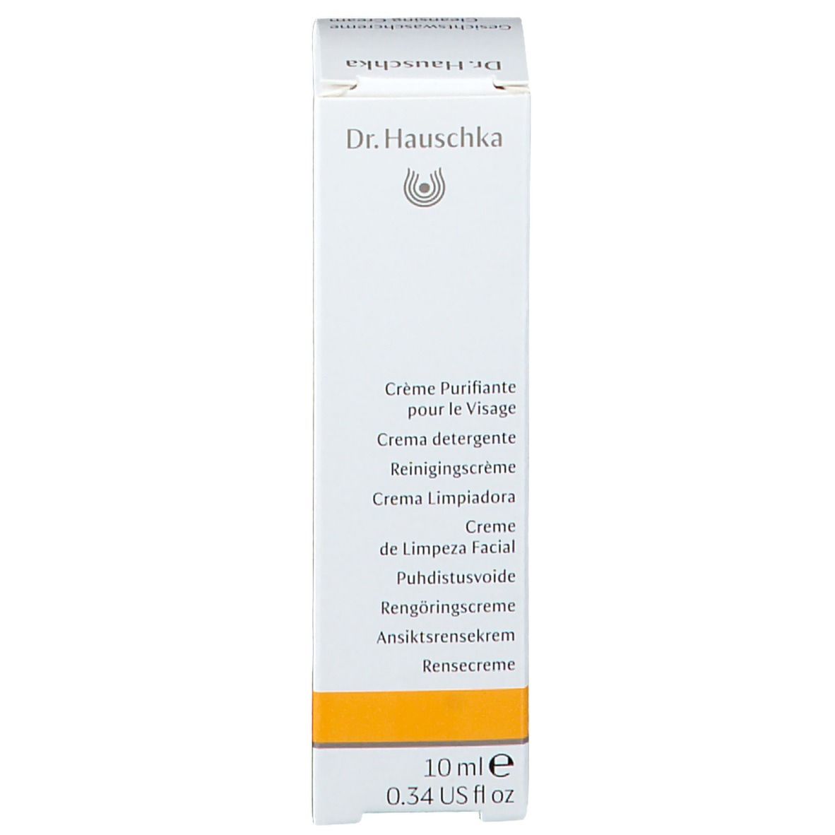 Productverpakking, zijkant. Meertalige productaanduidingen, 10 ml, gele streep.