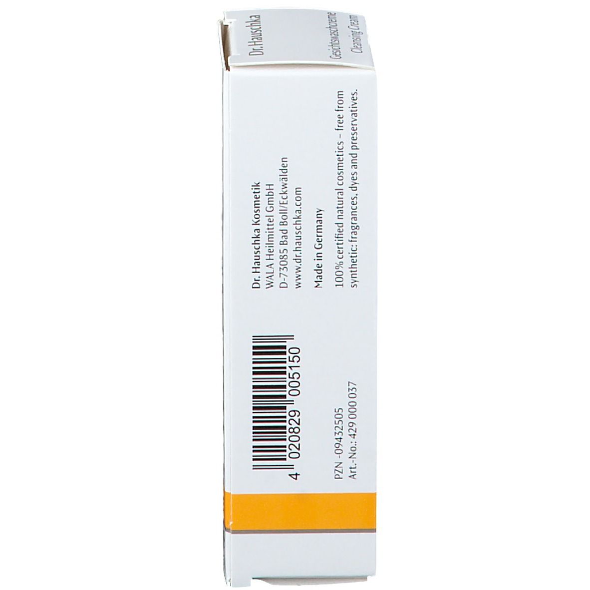 Productverpakking, zijkant. Fabrikantinformatie, barcode, gele streep.