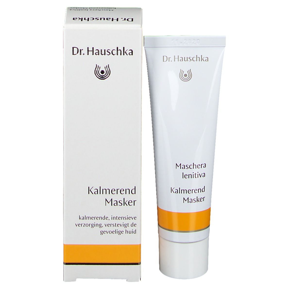 Productverpakking met tube. Witte doos en tube. Opschrift: Dr. Hauschka, Kalmerend Masker.
