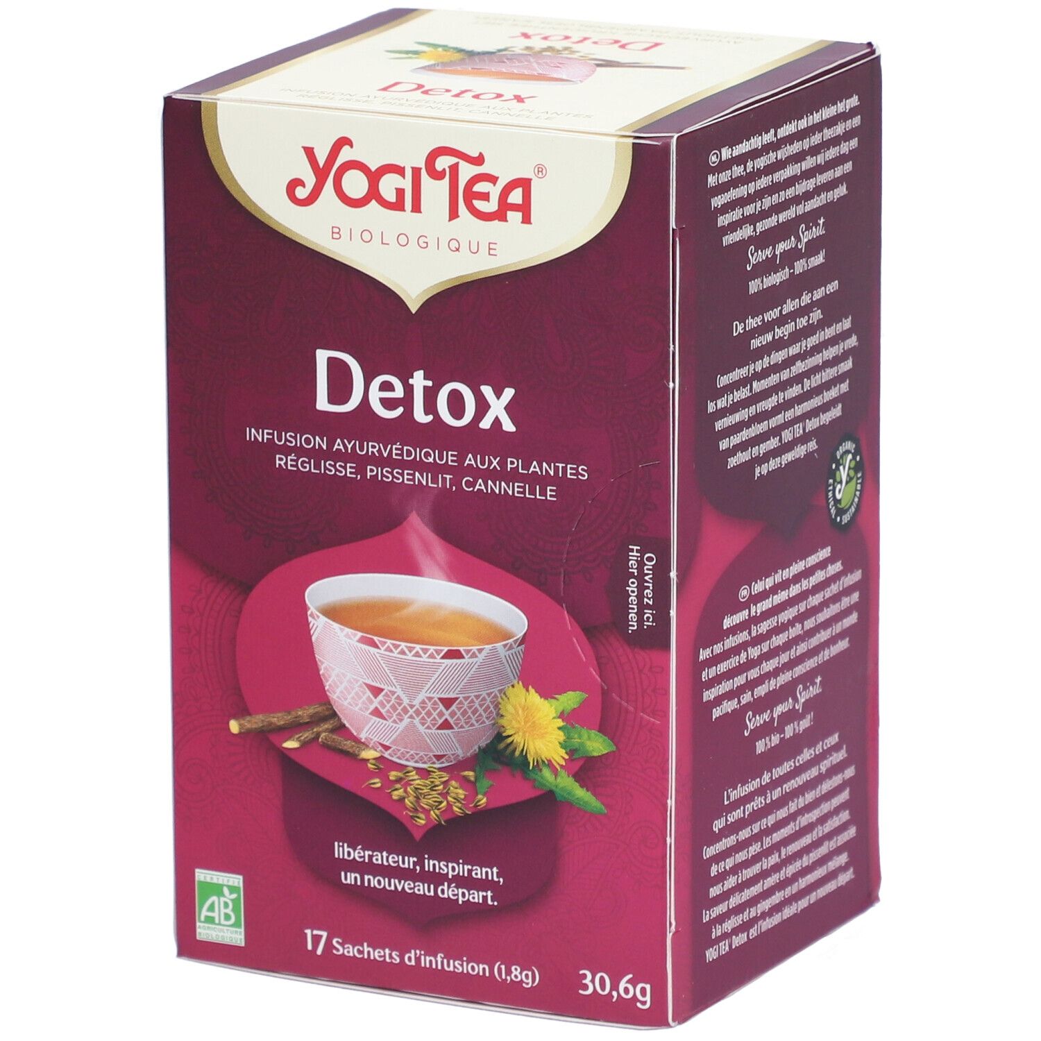 Doos Yogi Tea® Detox. Opschrift: Detox, kruideninfusie, 17 zakjes, 30,6g. Logo AB. Afbeelding: kopje thee.