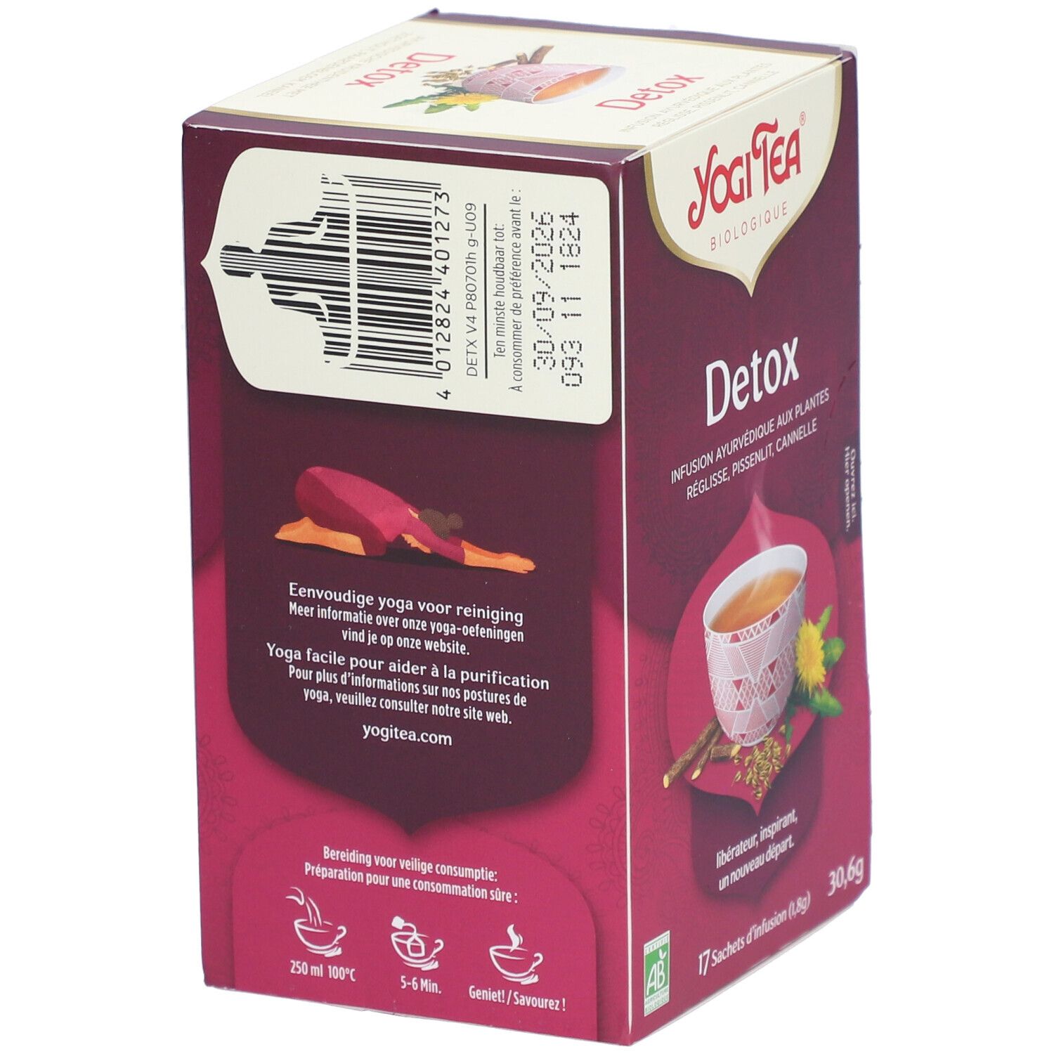 Achterkant doos Yogi Tea® Detox. Opschriften: Detox, ingrediënten, instructies, barcode, houdbaarheidsdatum, logo.