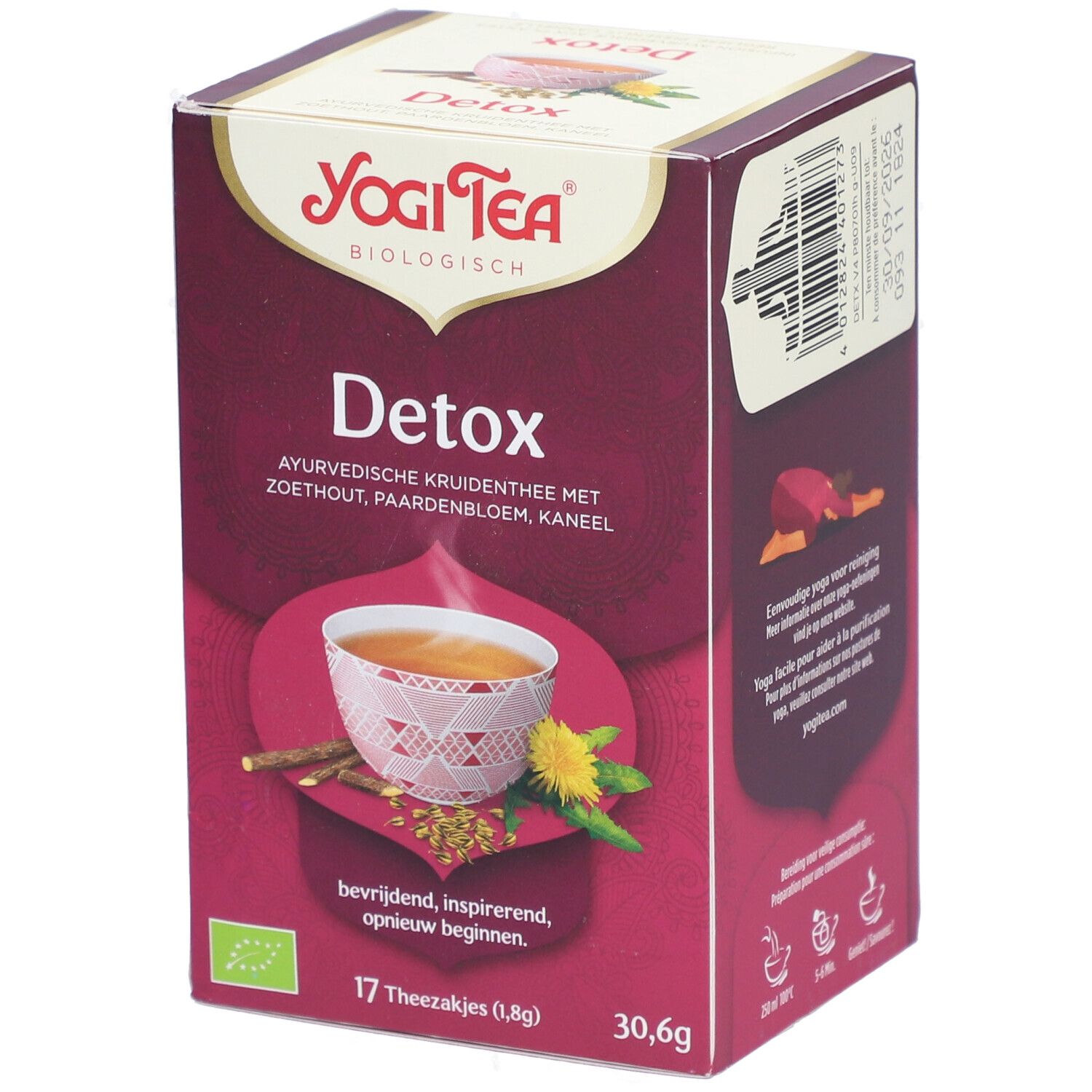 Doos Yogi Tea® Detox. Opschriften: Detox, ayurvedische kruidenthee, 17 zakjes, 30,6g. Logo bio. Afbeelding: kopje thee.