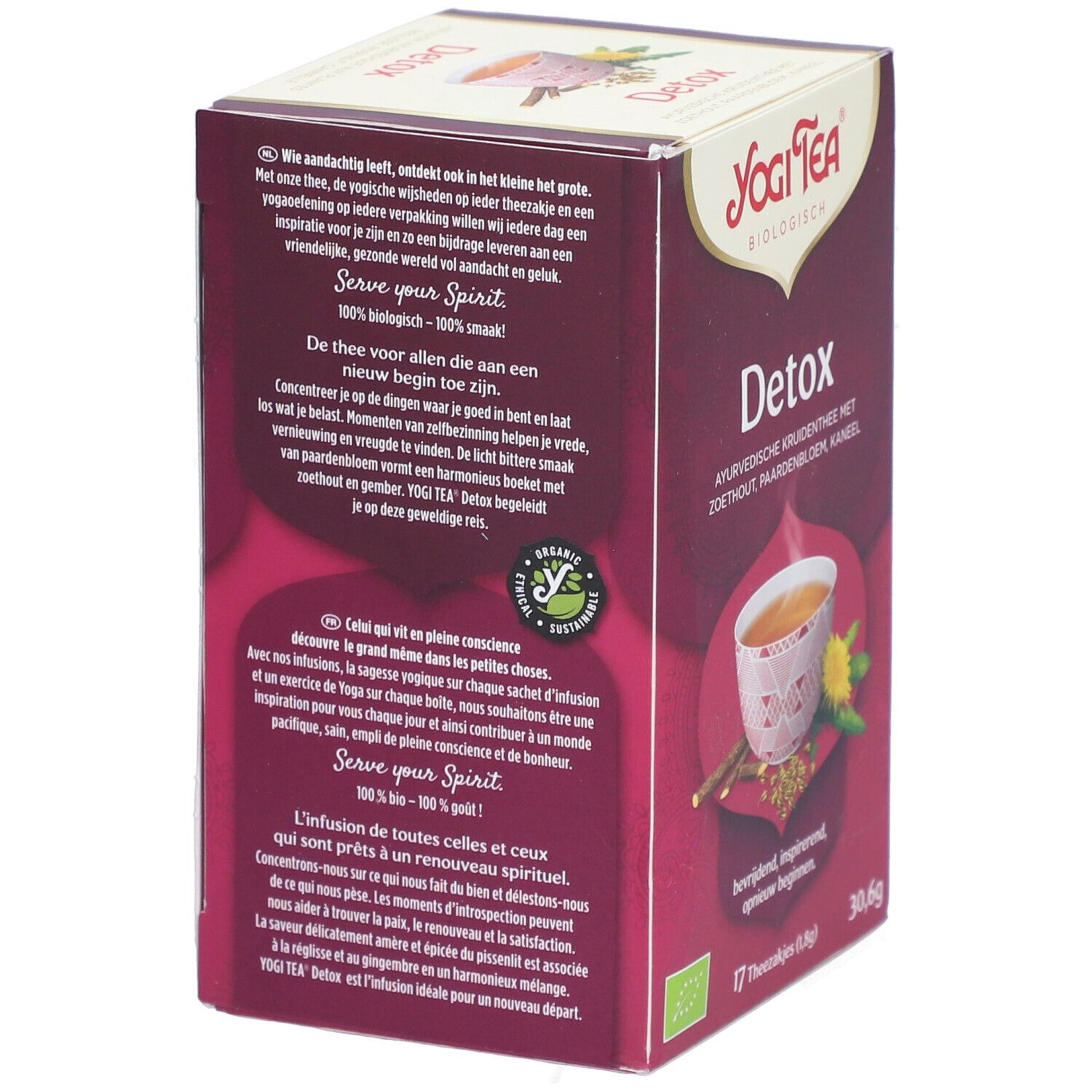 Achterkant doos Yogi Tea® Detox. Opschriften: Detox, ingrediënten, instructies, logo, bio-certificering.