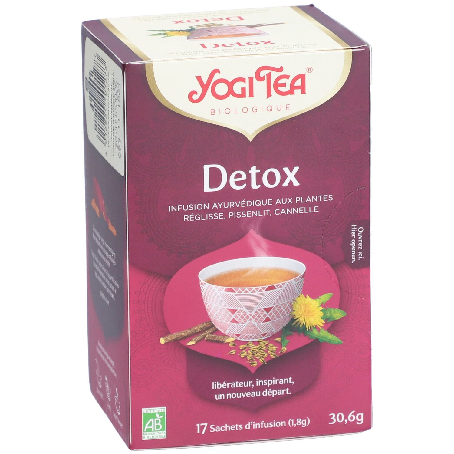 Doos Yogi Tea® Detox. Opschriften: Detox, kruideninfusie, 17 zakjes, 30,6g. Logo AB. Afbeelding: kopje thee.
