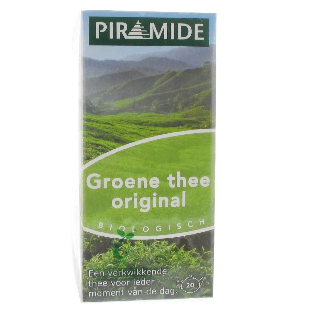 Emballage de thé vert. Inscription : PIRAMIDE, Groene thee original, BIOLOGISCH. Image d'un paysage. Texte : Een verkwikkende thee voor ieder moment van de dag. 20 sachets.