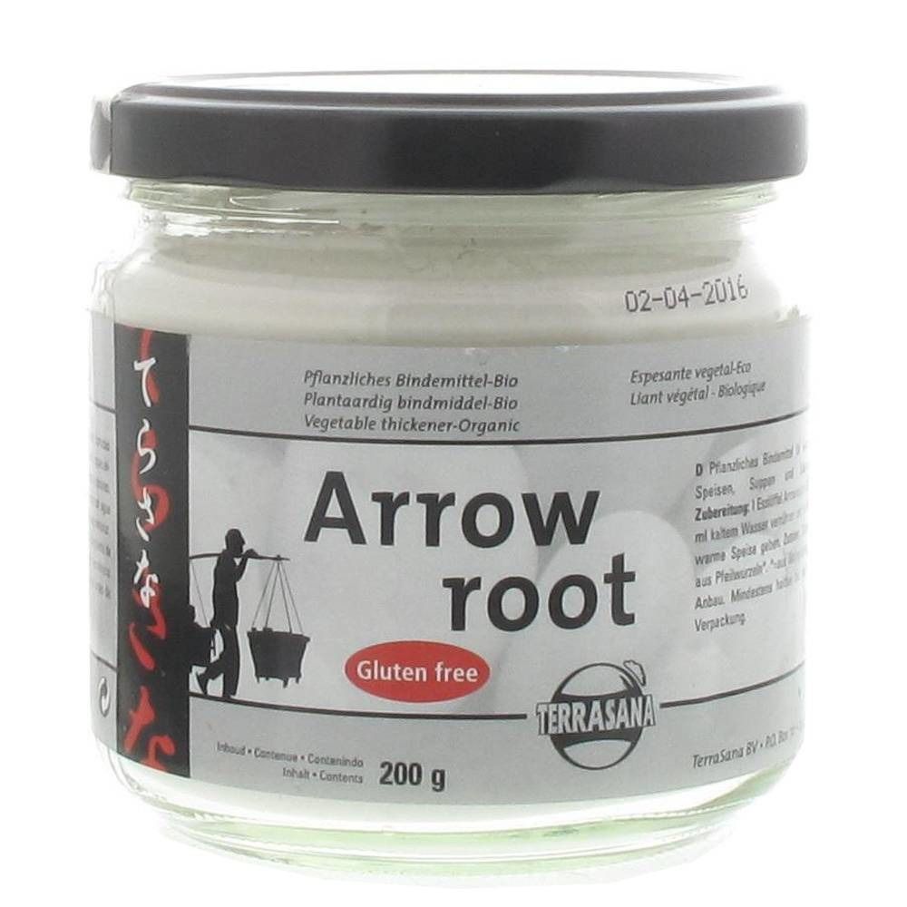 Glazen pot met wit poeder. Opschrift "Arrow root", "Gluten free" en "TERRASANA". Zwarte deksel. 200 g.