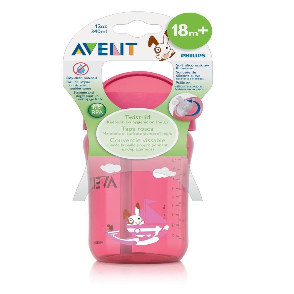 Avent Gobelet 340 Ml Anti-Vide + Paille +18m Rose