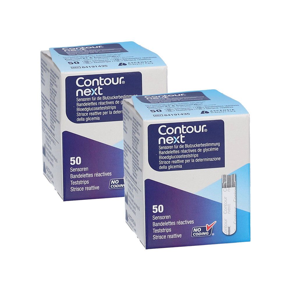 Twee dozen Contour Next teststrips. Opschrift: 50 sensoren, teststrips. Blauw en witte verpakking.