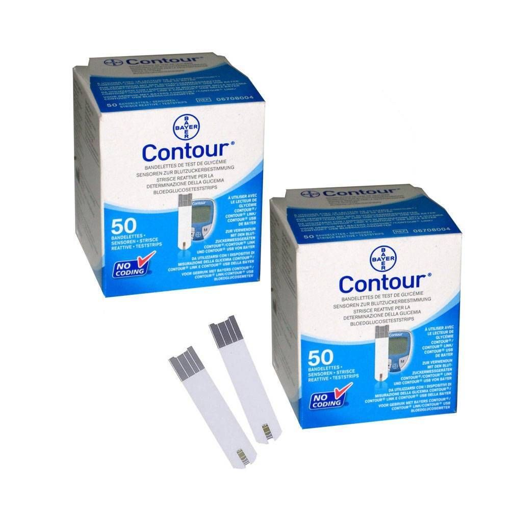Twee dozen teststrips. Opschrift "Contour". Twee strips ernaast. Opschrift "50". 