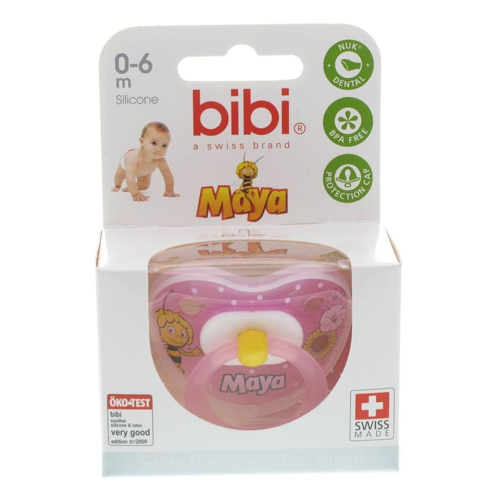 Roze fopspeen met opdruk. Verpakking met logo, tekst en zegels. Merk: bibi, Maya. Leeftijd: 0-6 maanden. Swiss Made.