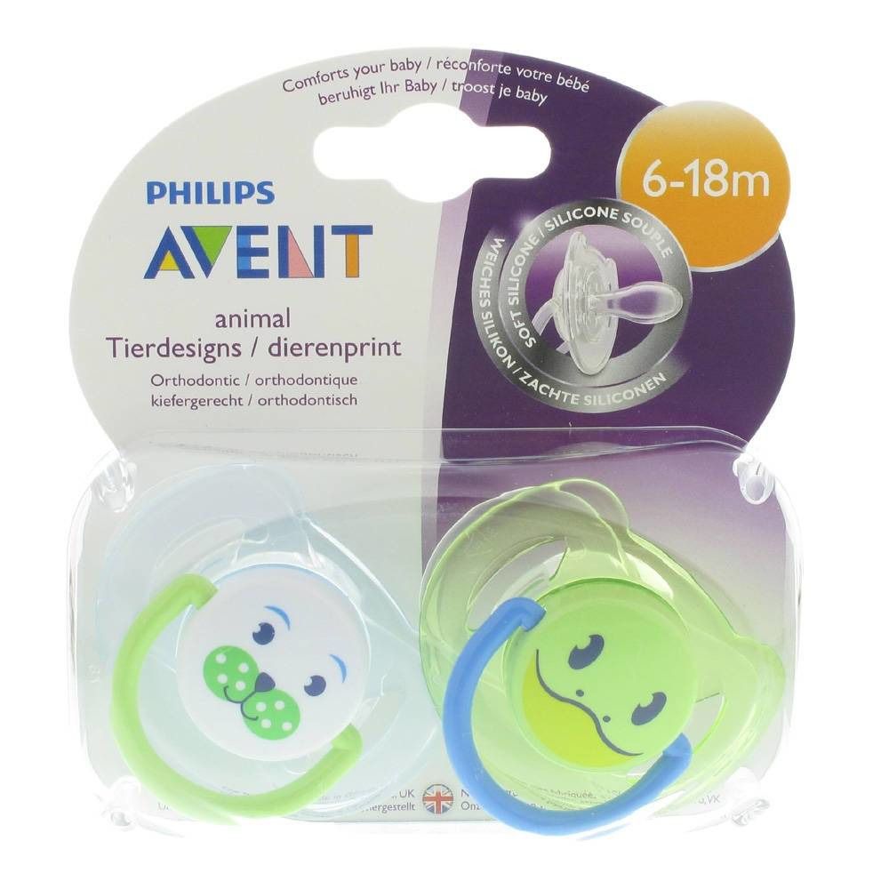 Twee fopspenen in verpakking. Merk: Philips Avent, dierendesigns. Aanbevolen leeftijd: 6-18 maanden. Zachte siliconen.