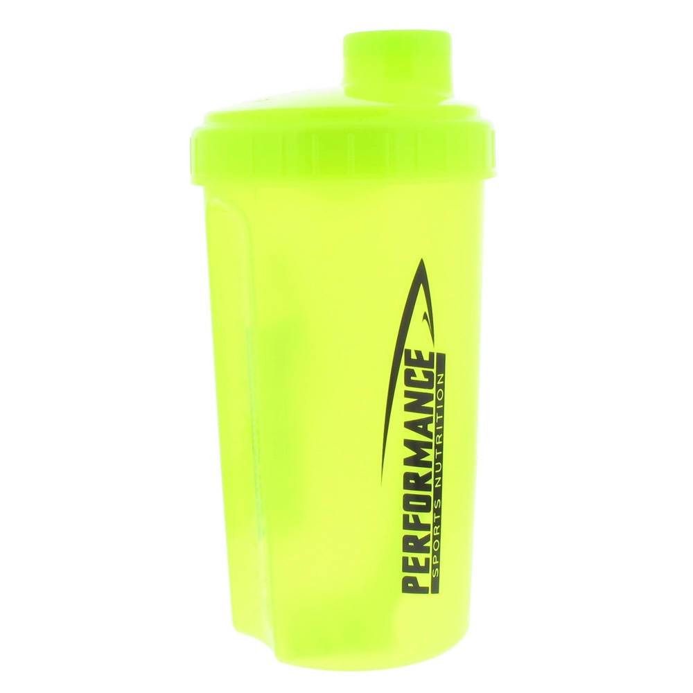 Gele shaker met deksel. Opschrift PERFORMANCE SPORTS NUTRITION in zwart.