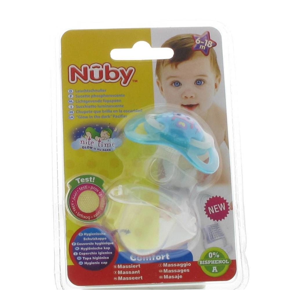 Sucette Nuby bleue et jaune, 6-18 mois, emballage blister. Fonction 'Glow in the dark'. Contient 0% de bisphénol A.