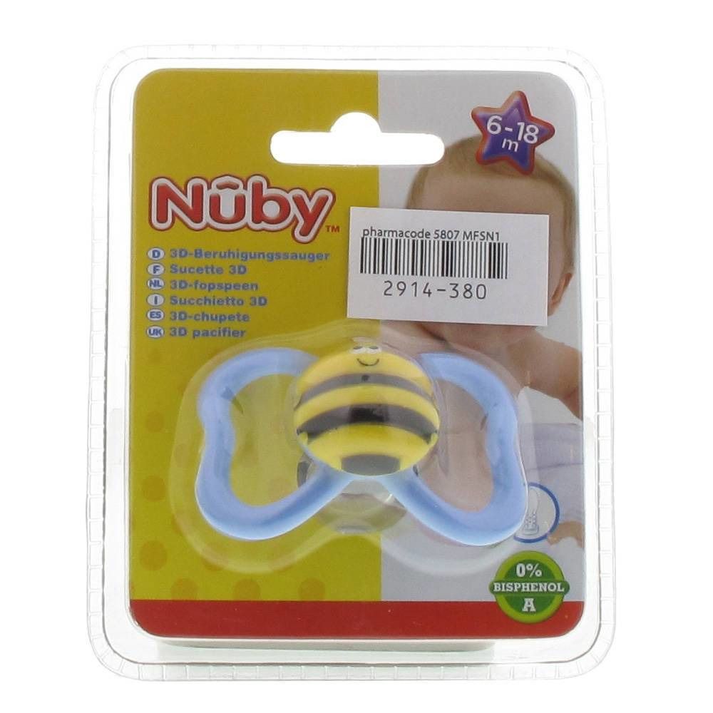 Sucette Nuby avec motif abeille jaune et noir, anneau bleu, 6-18 mois. Emballage avec 0% de bisphénol A.