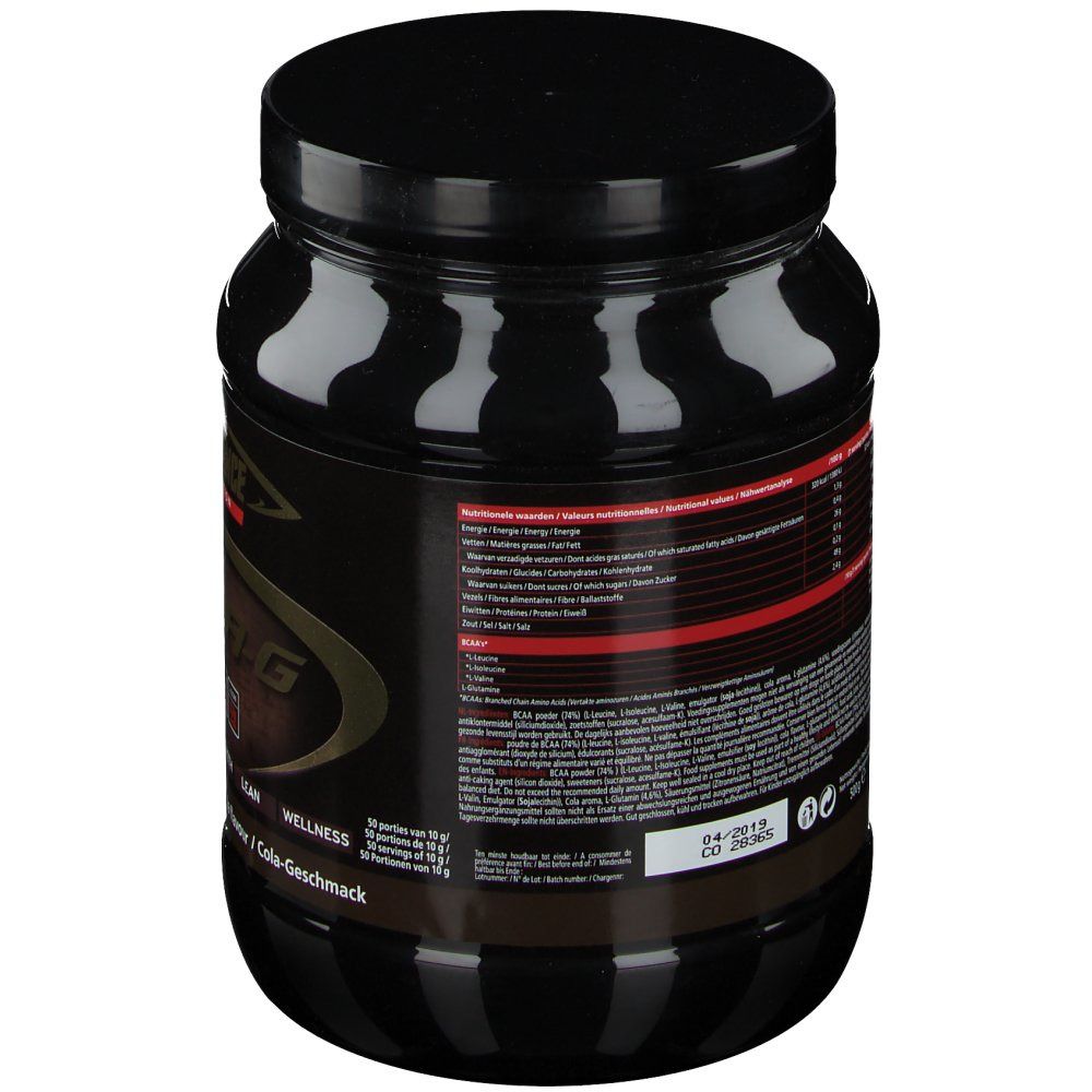 Pot noir, dos. Étiquette avec informations nutritionnelles et texte. Goût cola.