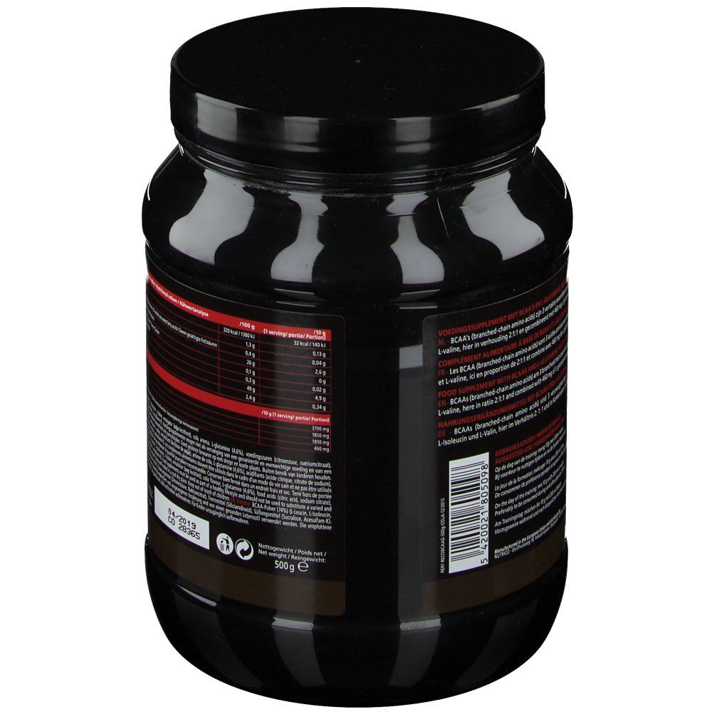 Pot noir, dos. Étiquette avec informations nutritionnelles et texte. Goût cola.