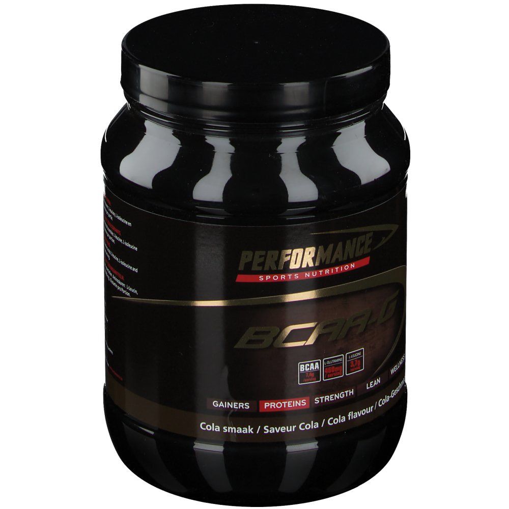 Pot noir avec étiquette dorée. Inscription: Performance BCAA-G. Goût cola.