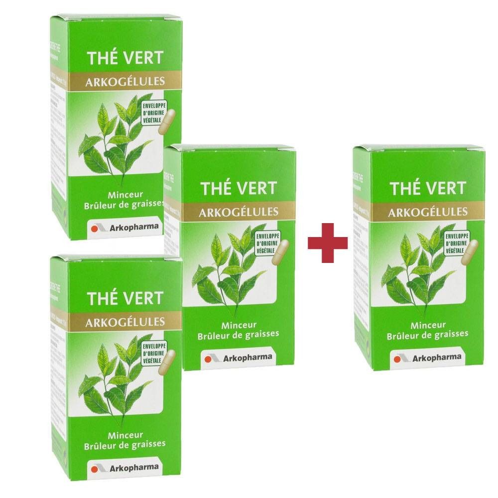 Quatre boîtes vertes "THÉ VERT ARKOGÉLULES". Symbole plus. Inscriptions : "Minceur Brûleur de graisses" et "Arkopharma".