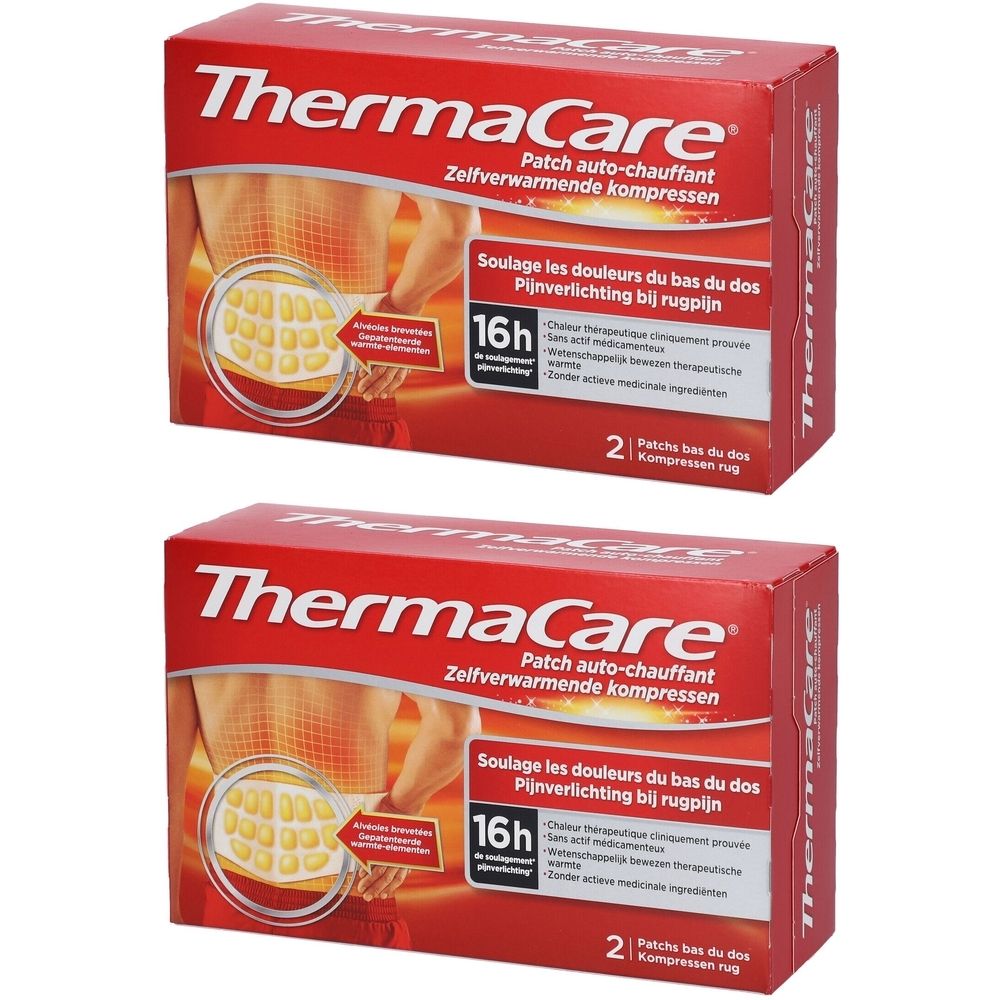 Twee rode Thermacare-verpakkingen. Opdruk: Thermacare, rugafbeelding, 16u, 2 kompressen. Tekst in het Duits, Frans en Nederlands.